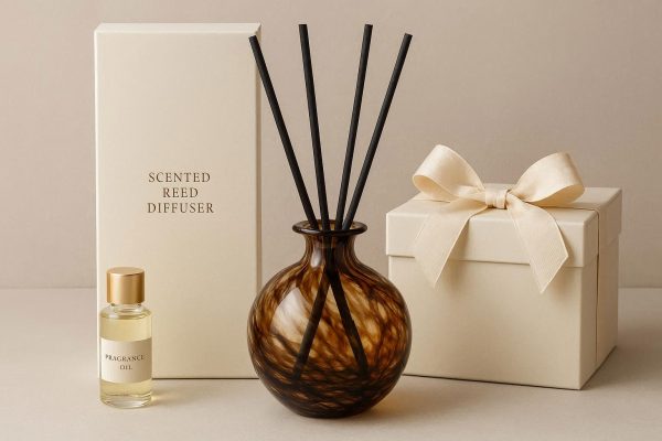 18 Luxury Scented Reed Diffuser with Hand Blown Glass Vessel Gift Set